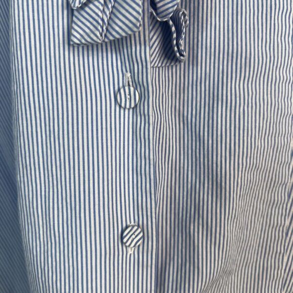 Talbots Blue White Pin Striped 3/4 Sleeve Ruffled Neckline Button Up Size 4 - Picture 7 of 10